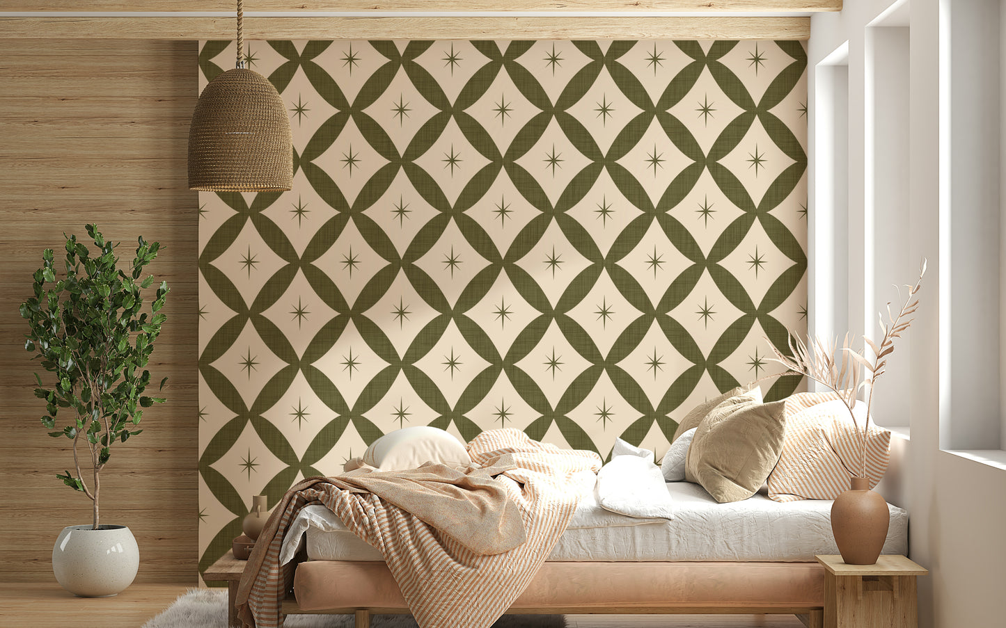 Retro geometric wallpaper showcasing interlocking diamond patterns and minimalist star details.