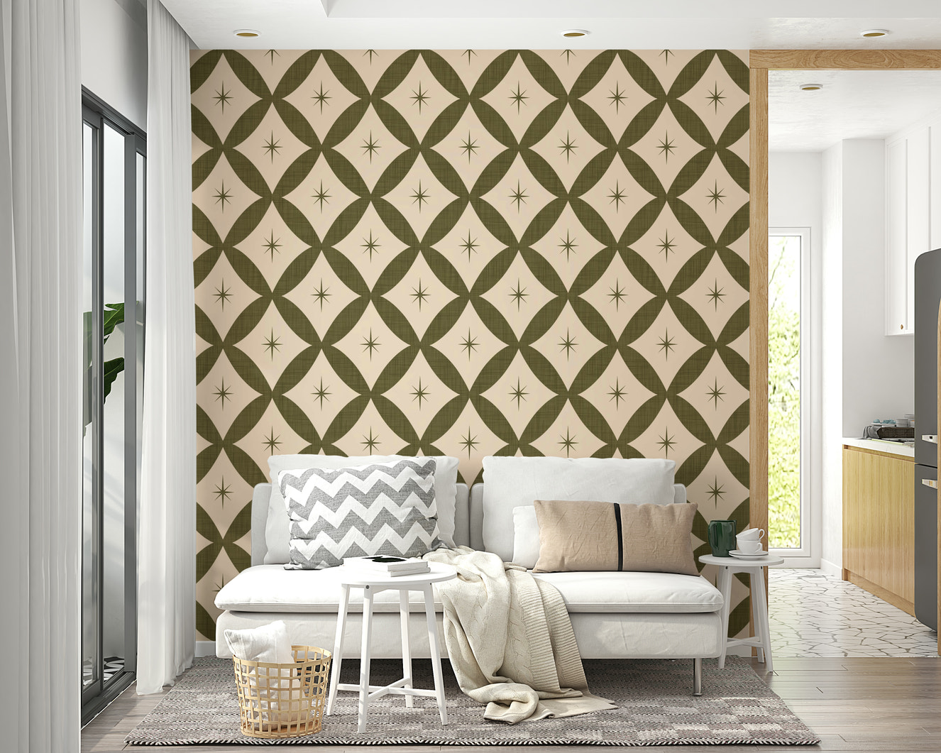 Vintage geometric stars wallpaper featuring olive diamond shapes with small star motifs.