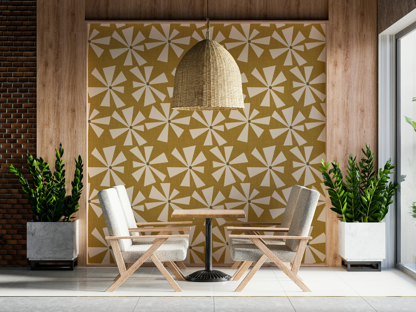 Patterned wallpaper featuring stylized cream floral bursts across a textured golden background.