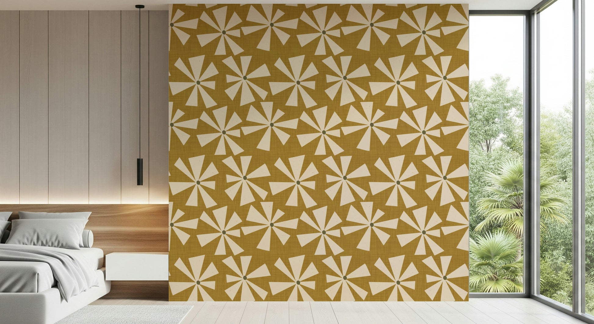 Mid-century wallpaper with dynamic starburst blooms in cream on a mustard yellow surface.