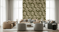 Decorative wallpaper with mid-century starburst flowers in a playful repeating pattern.