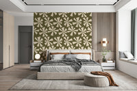 Vintage-style wallpaper showcasing cream star-like floral bursts on a textured olive backdrop.