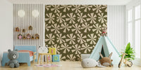 Patterned wallpaper showcasing stylized starburst blooms in an abstract retro style.