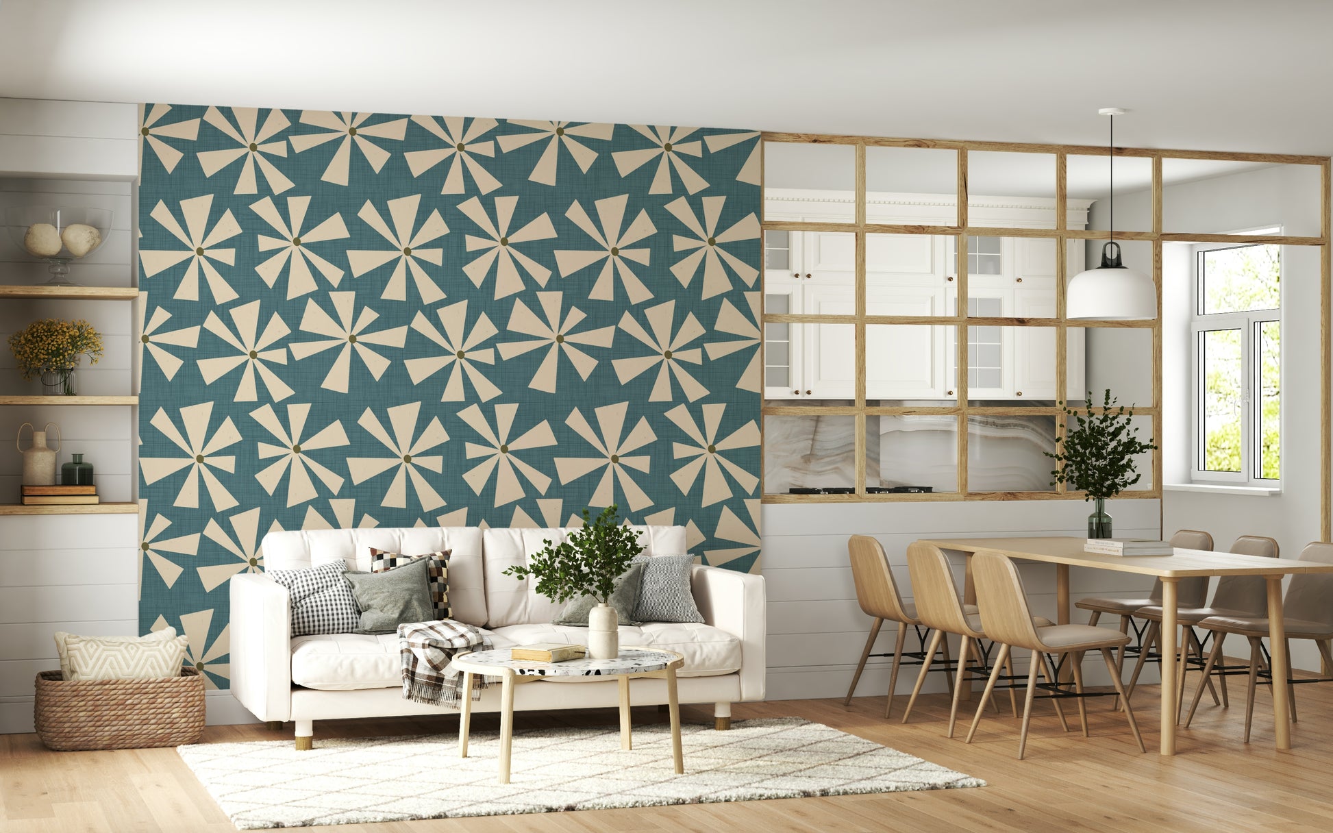 Decorative wallpaper with abstract cream flowers and a textured teal background.