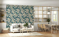 Decorative wallpaper with abstract cream flowers and a textured teal background.