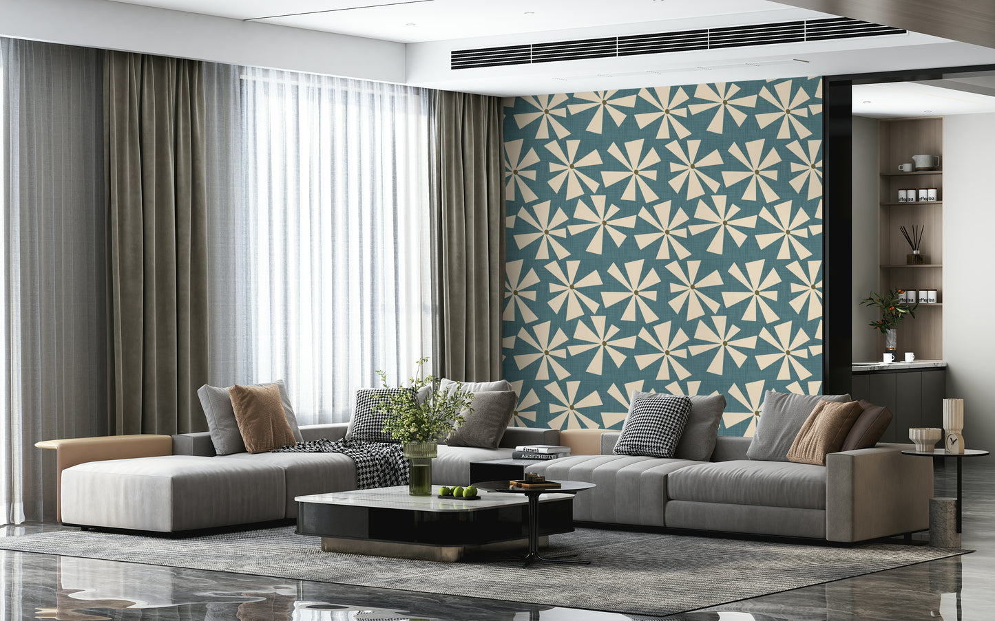 Retro floral wallpaper showcasing abstract pinwheel-style blooms in a vintage palette.