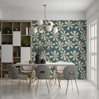 Mid-century inspired wallpaper with cream geometric flower bursts arranged in a scattered pattern.
