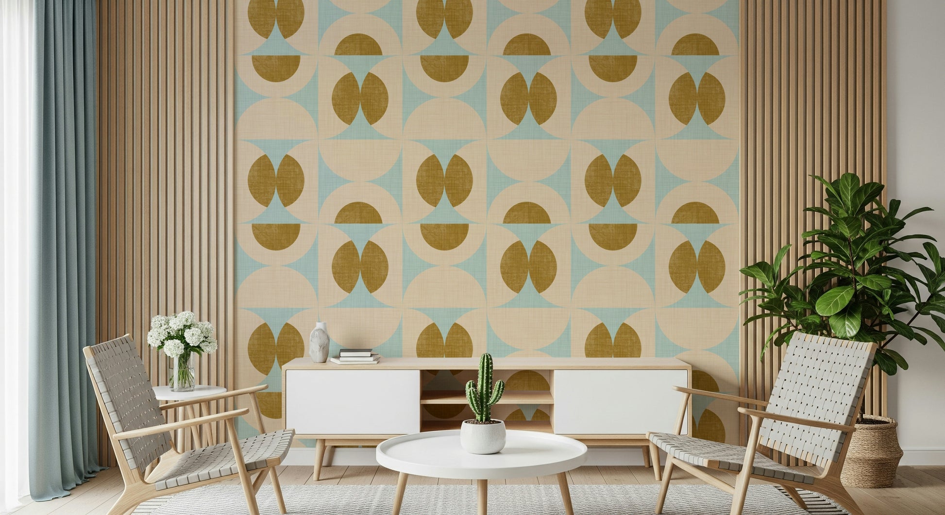 Mid-century style wallpaper showcasing symmetrical arc and oval motifs in muted pastel hues.
