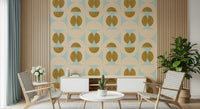 Mid-century style wallpaper showcasing symmetrical arc and oval motifs in muted pastel hues.