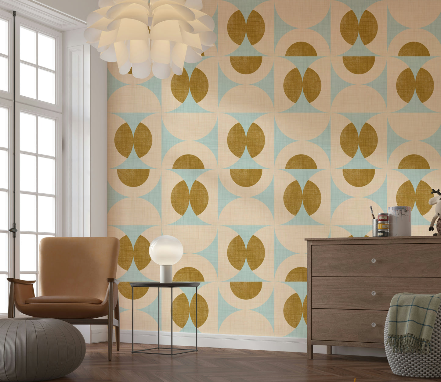 Chic geometric wallpaper combining aqua curves and mustard oval motifs for a vintage look.