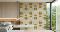 Retro harmony wallpaper featuring repeating curved shapes in soft aqua and mustard tones.