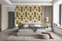 Vintage-inspired wallpaper showcasing overlapping semicircles and oval motifs in muted green and ochre.