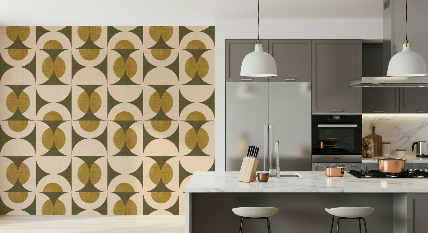 Geometric harmony wallpaper with symmetrical curved shapes in retro earthy colors.