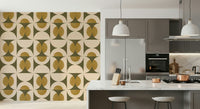 Geometric harmony wallpaper with symmetrical curved shapes in retro earthy colors.