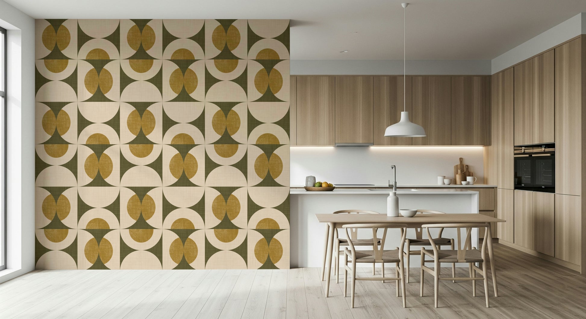 Earthy mid-century wallpaper with circular and arc shapes in olive, cream, and mustard hues.