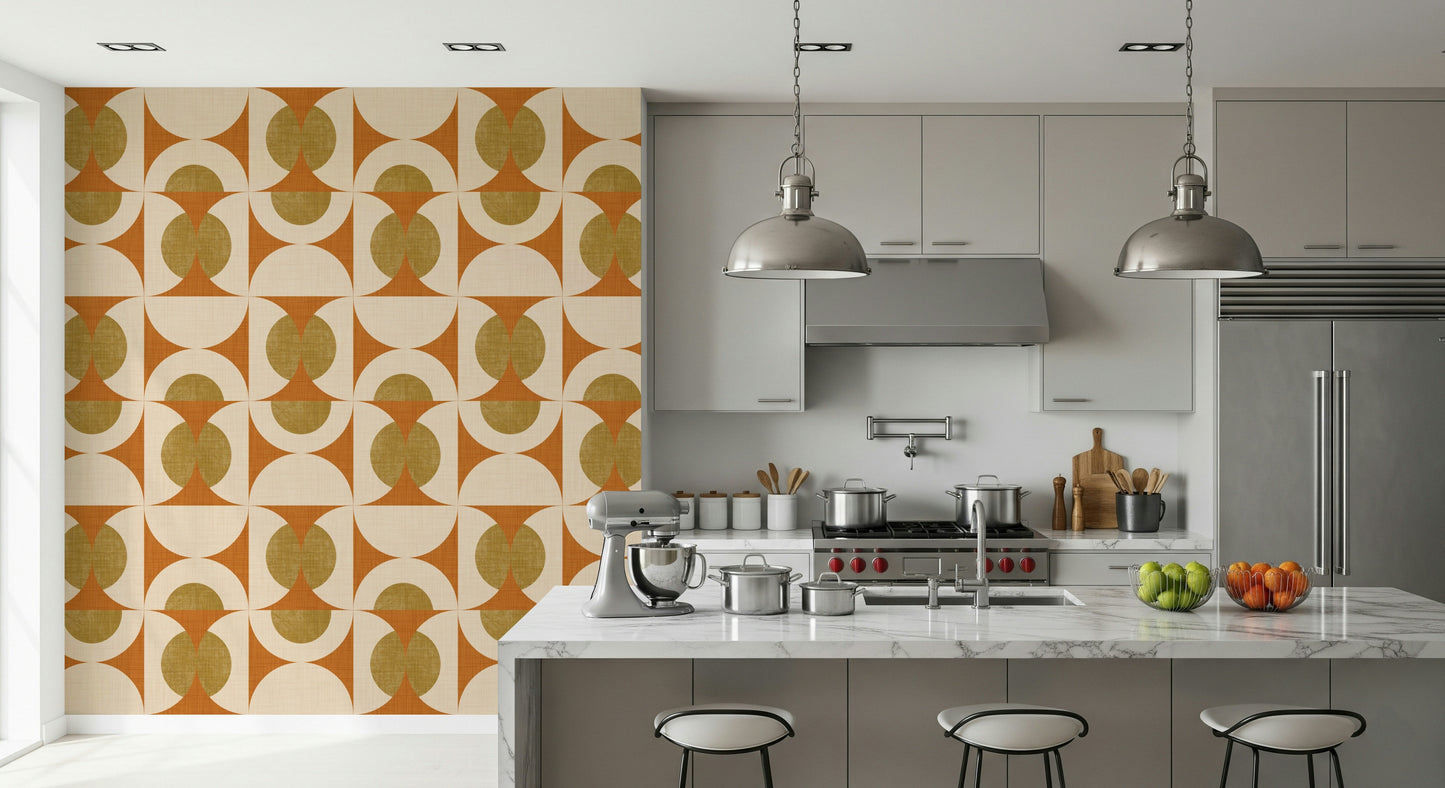 Mid-century geometric wallpaper with symmetrical arcs and oval motifs in earthy colors.