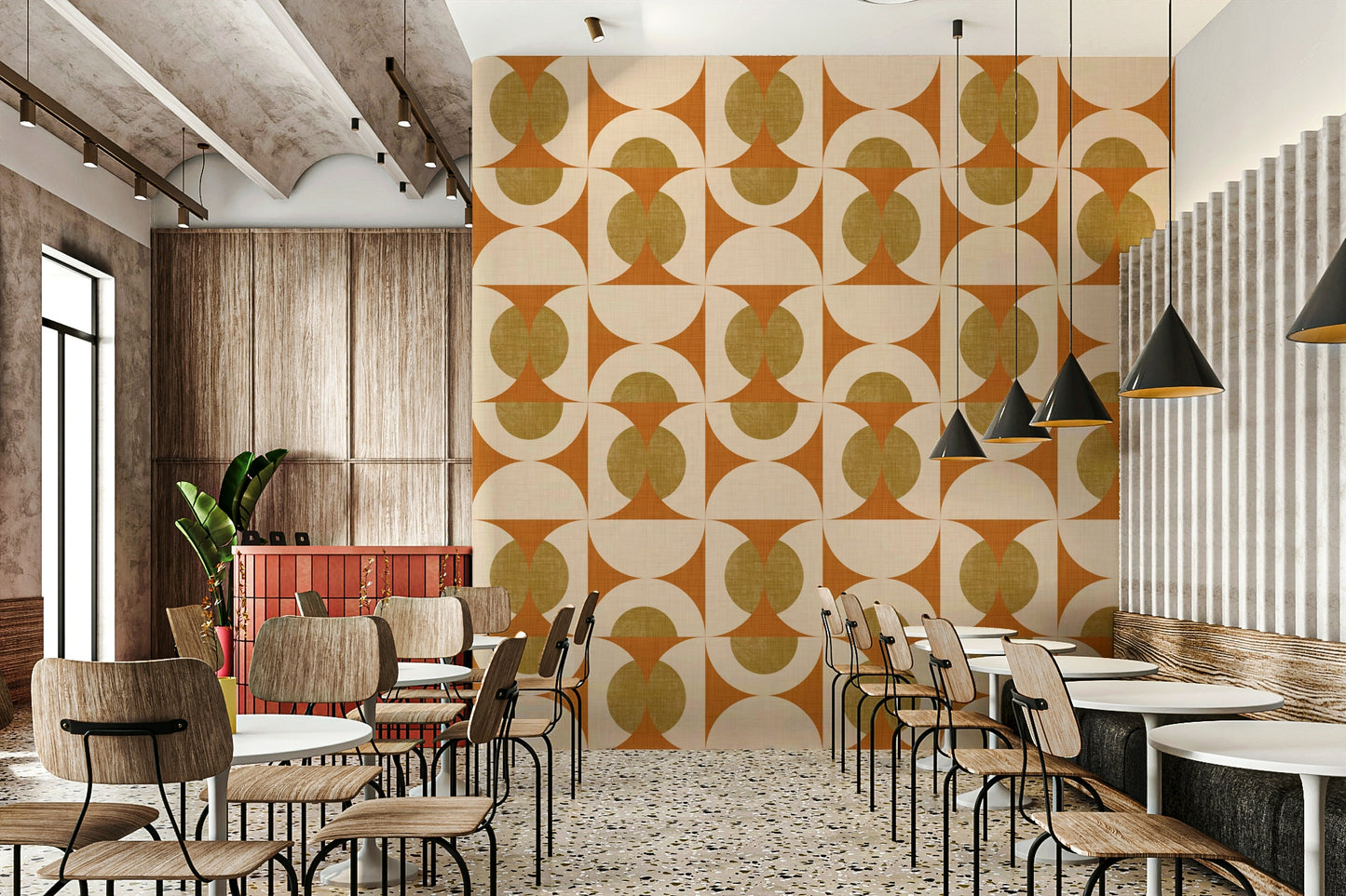 Geometric arc pattern wallpaper with bold curved designs arranged in a rhythmic grid.