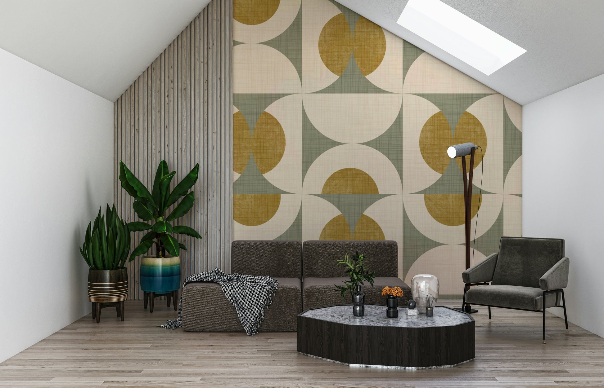 Patterned wallpaper with repeating mid-century style semicircles in vintage colors.
