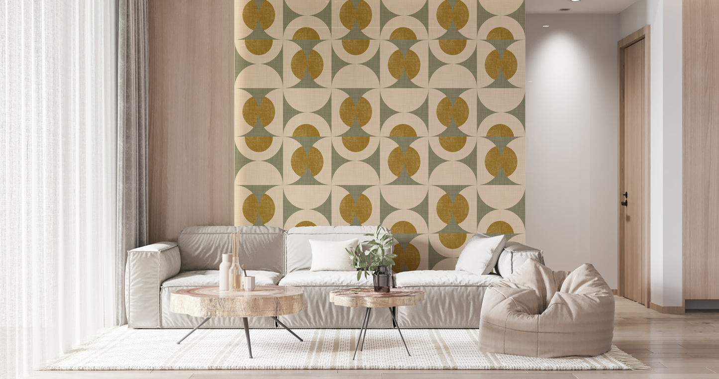 Retro-inspired wallpaper featuring overlapping semicircles and oval patterns in muted earthy colors.