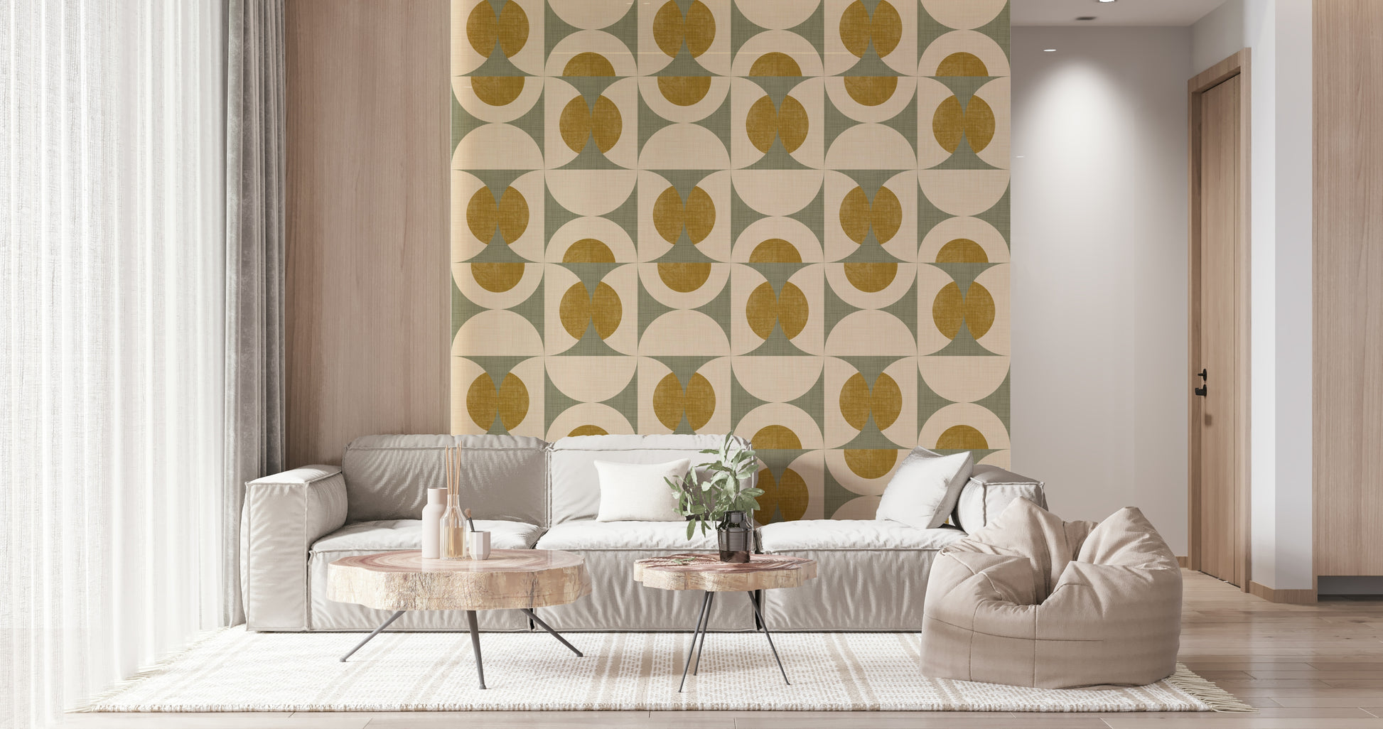 Retro-inspired wallpaper featuring overlapping semicircles and oval patterns in muted earthy colors.