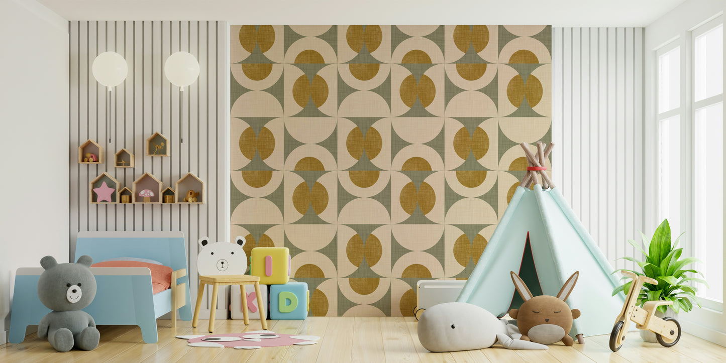 Abstract geometric pattern wallpaper in sage and ochre with retro circular elements.