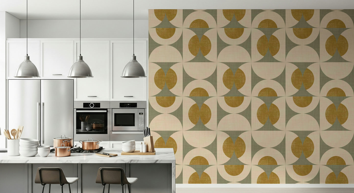 Soft geometric wallpaper with stylish curved motifs in sage green and mustard yellow.