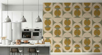 Soft geometric wallpaper with stylish curved motifs in sage green and mustard yellow.