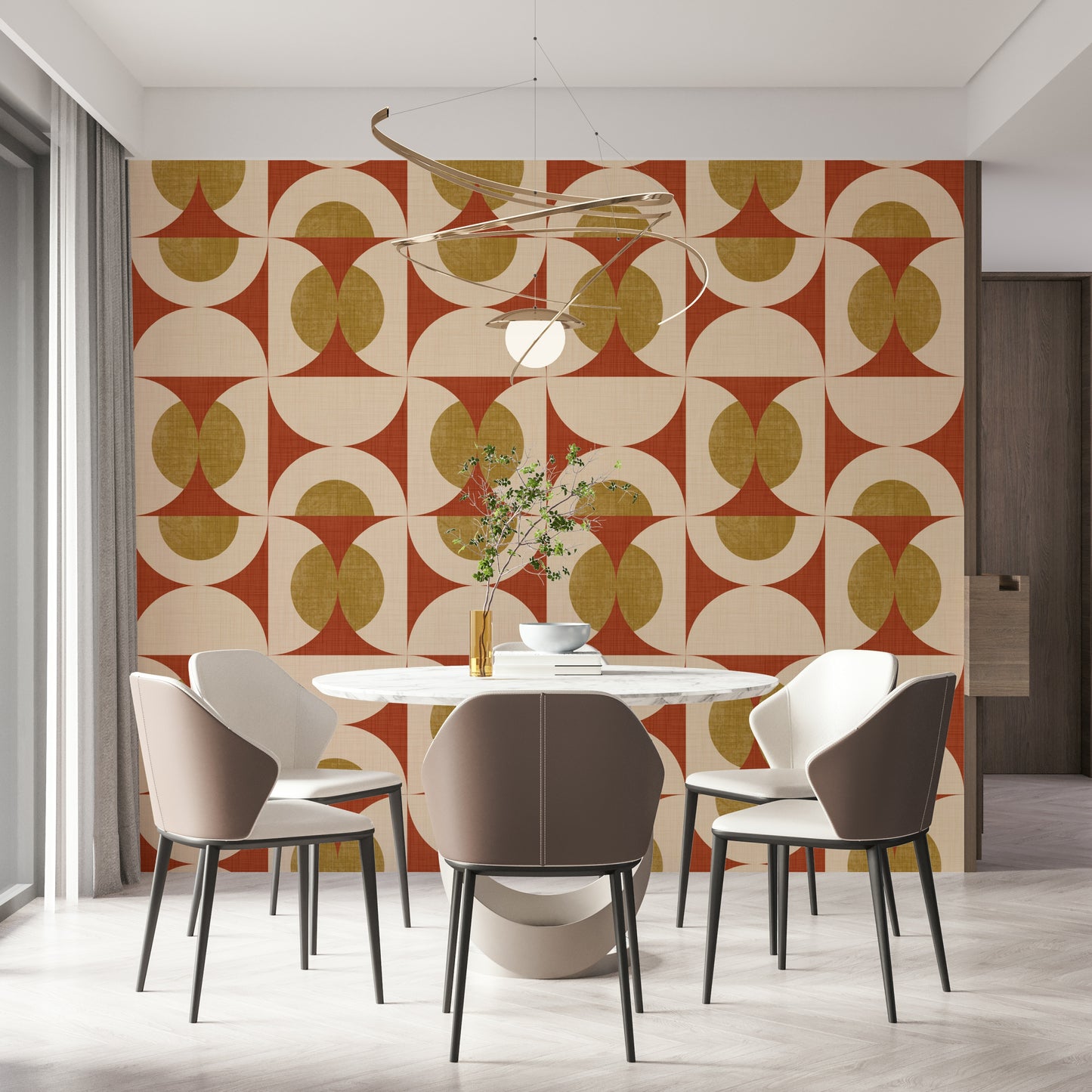 Symmetrical retro arcs wallpaper in terracotta, cream, and mustard tones.