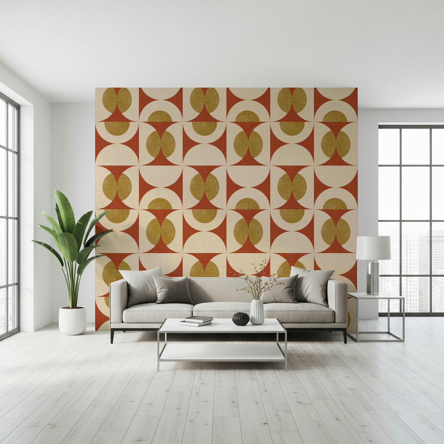 Mid-century style wallpaper with bold arcs and circular motifs in earthy colors.