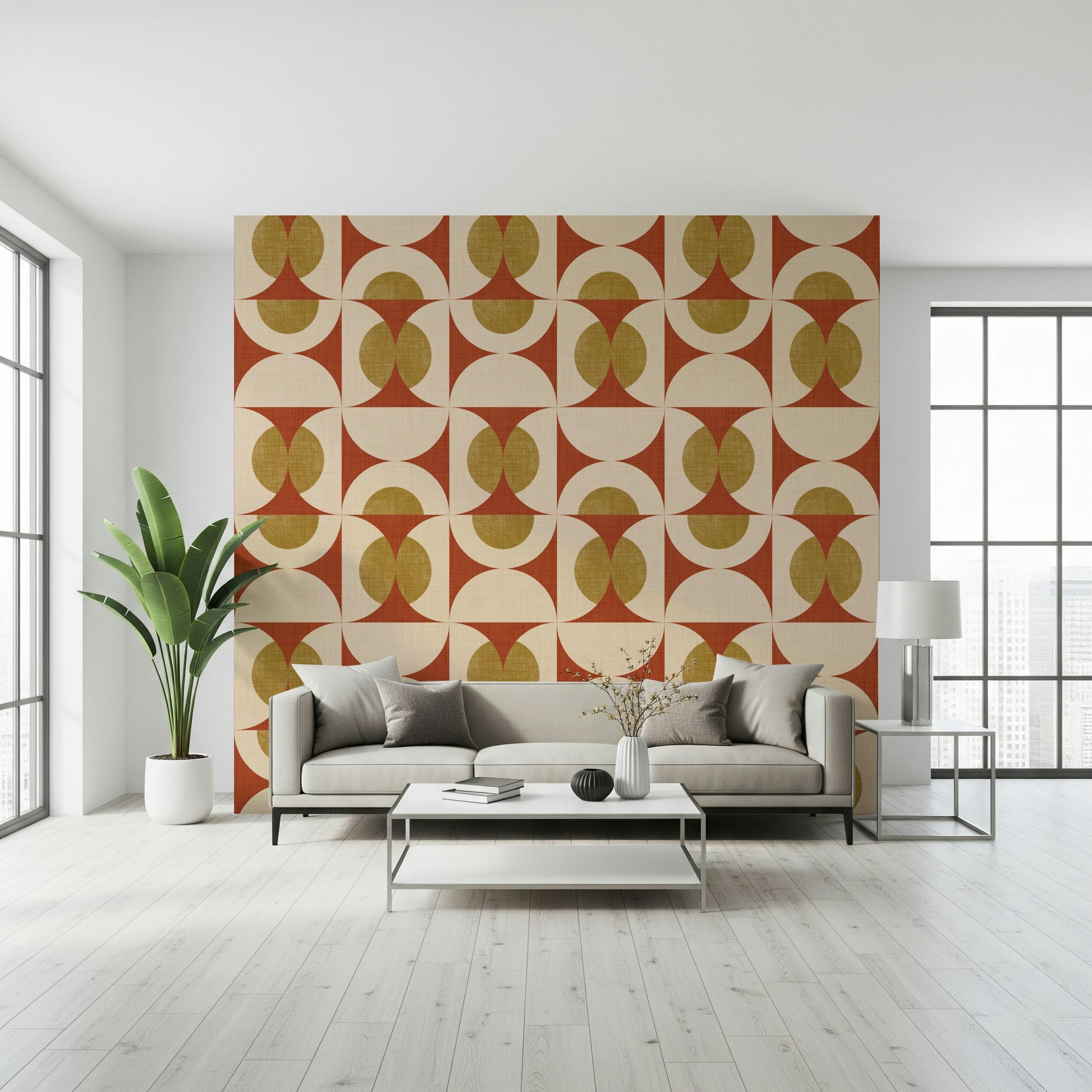 Mid-century style wallpaper with bold arcs and circular motifs in earthy colors.