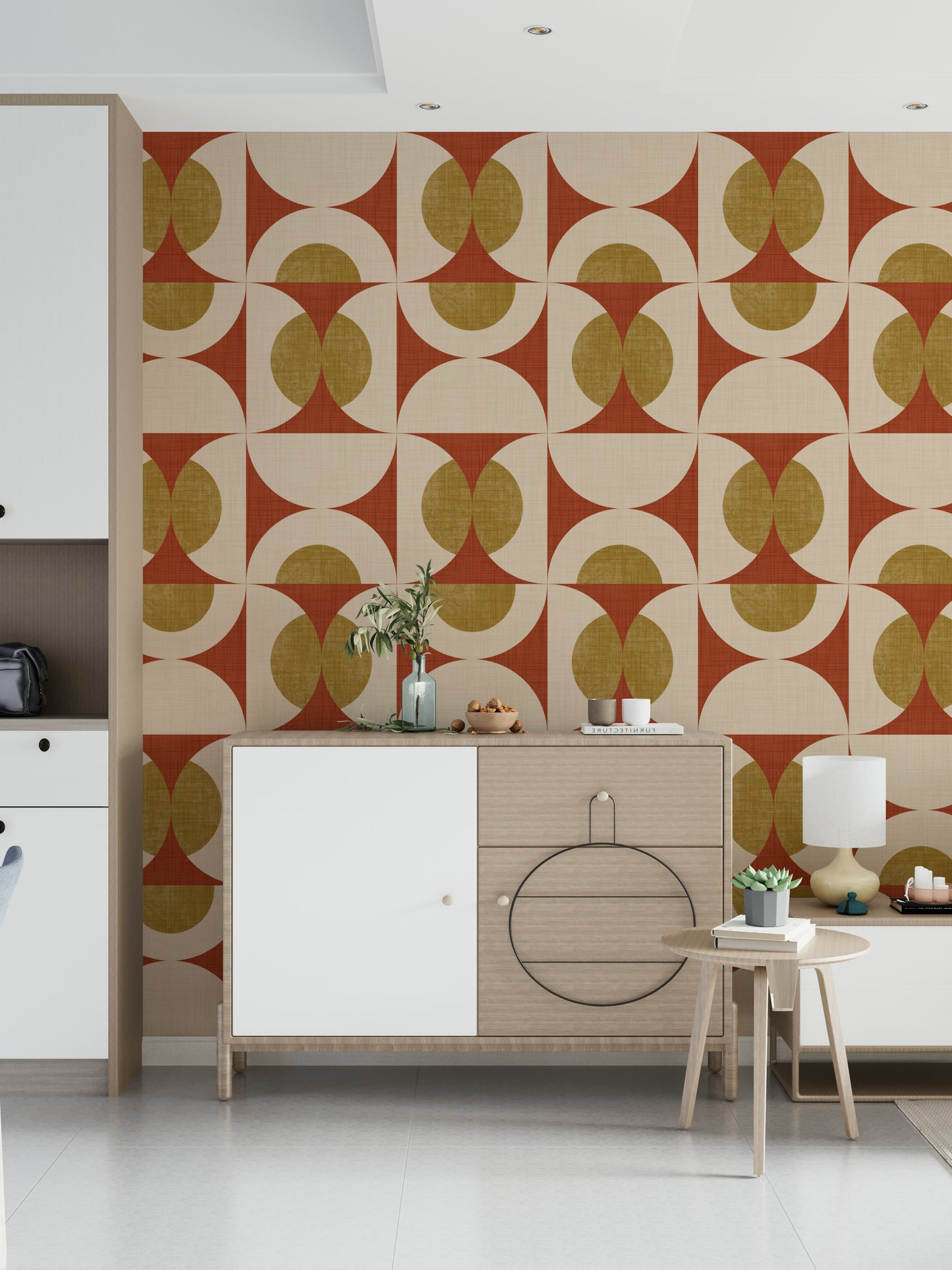 Retro arcs wallpaper featuring repeating curved shapes in warm terracotta and olive tones.