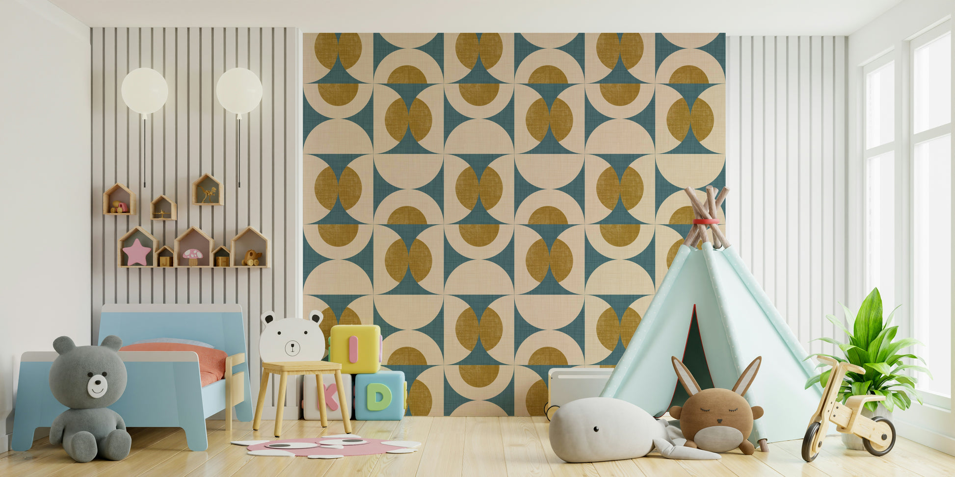 Mid-century modern wallpaper featuring repeating half-circle and arc shapes.