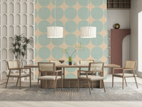 Neutral-toned wallpaper with oversized aqua round shapes arranged neatly in rows and columns
