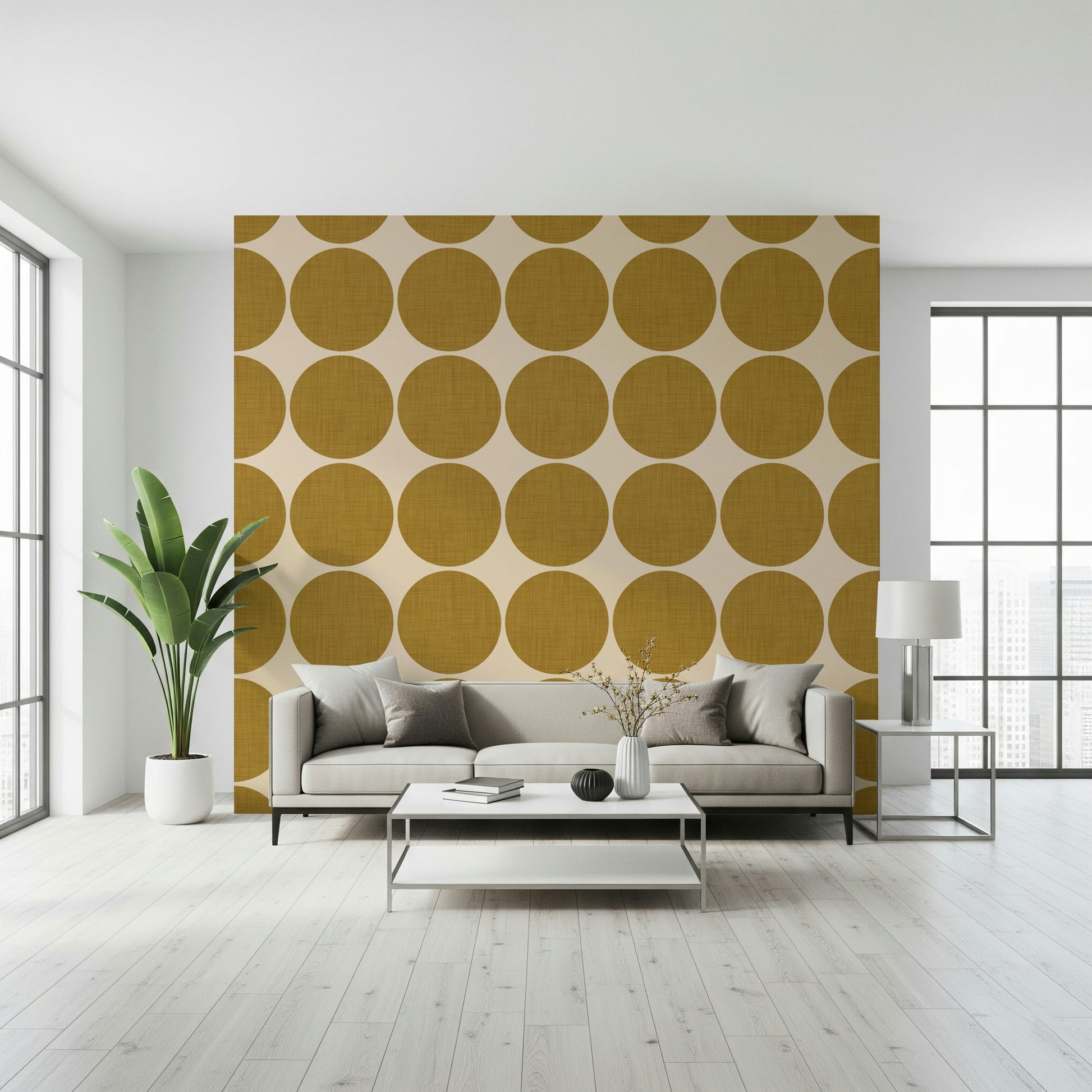 Warm neutral wallpaper with oversized ochre round shapes arranged in rows and columns