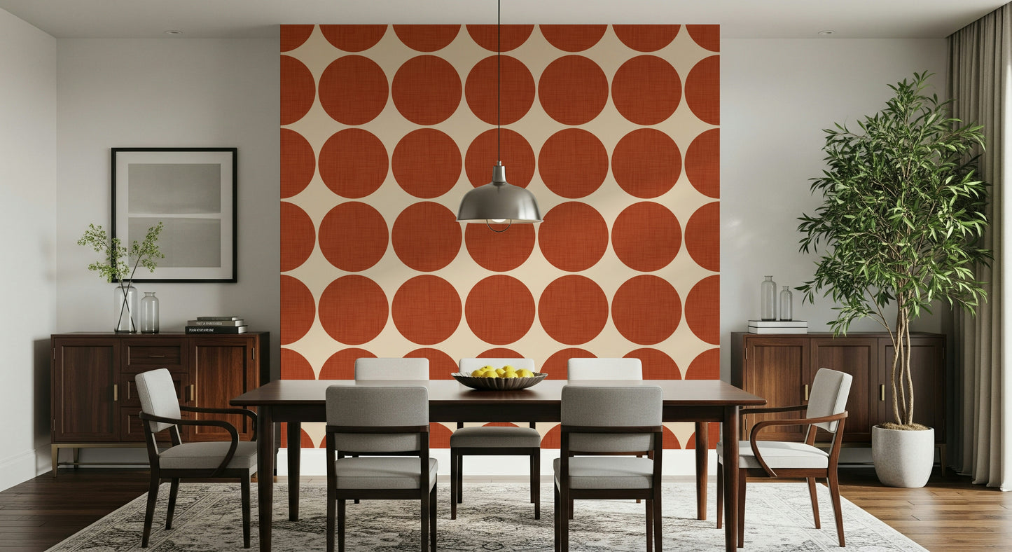 Warm neutral wallpaper featuring oversized terracotta round shapes arranged in rows and columns