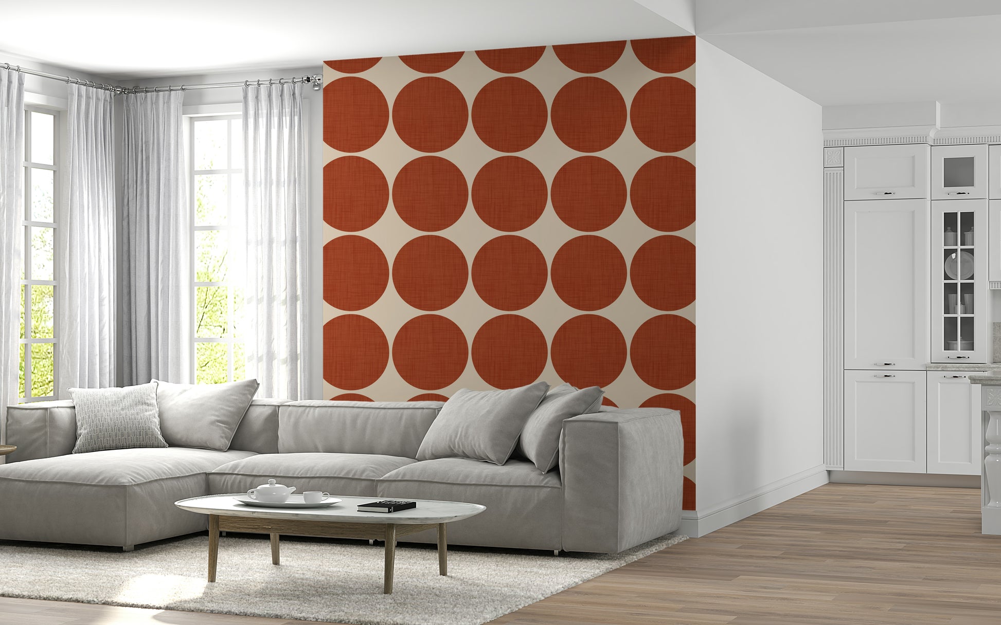 Terracotta bubbles wallpaper featuring large terracotta circles on a warm beige background