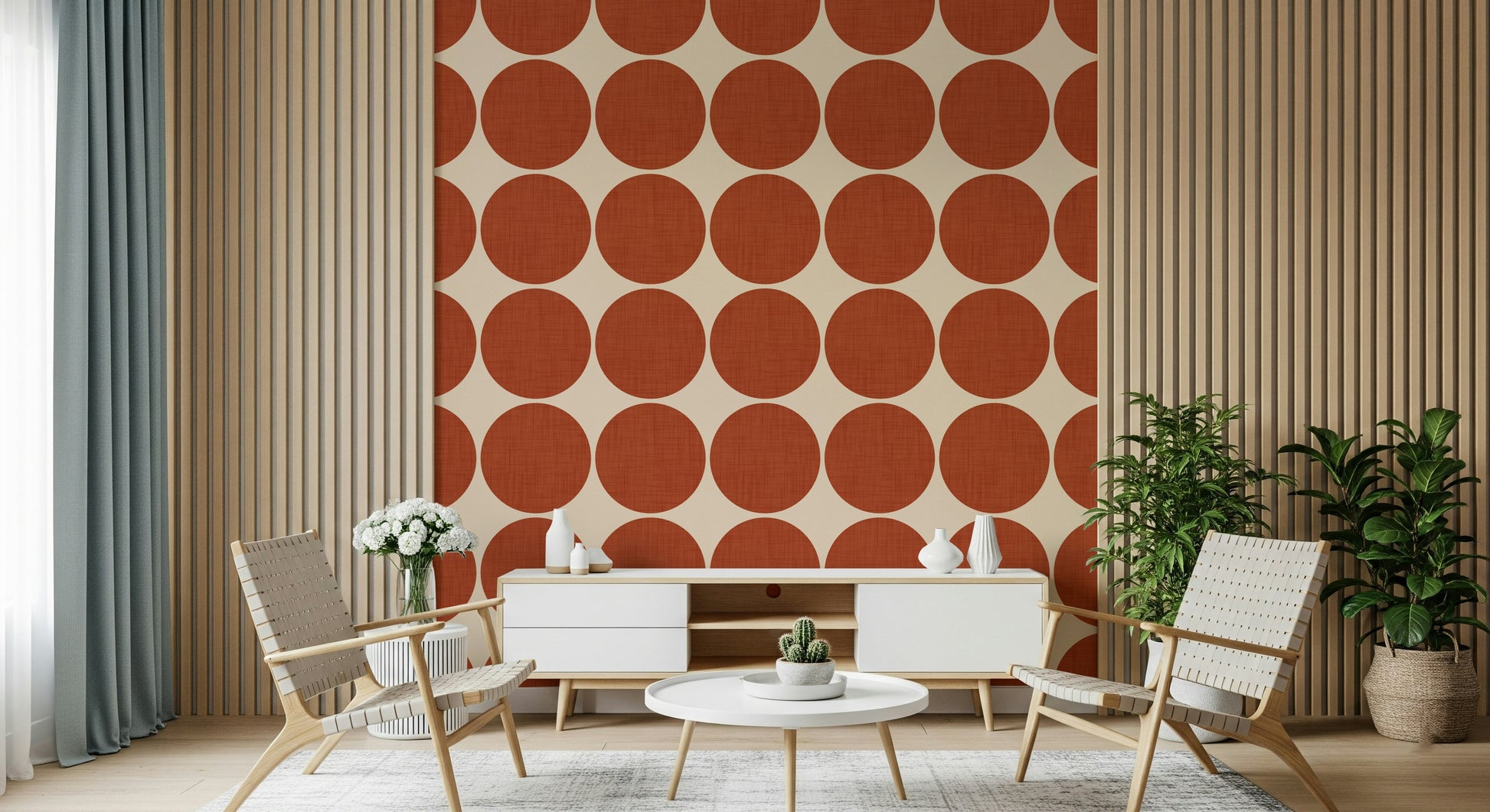 Simple geometric motif with rich terracotta circles contrasted against a light beige background