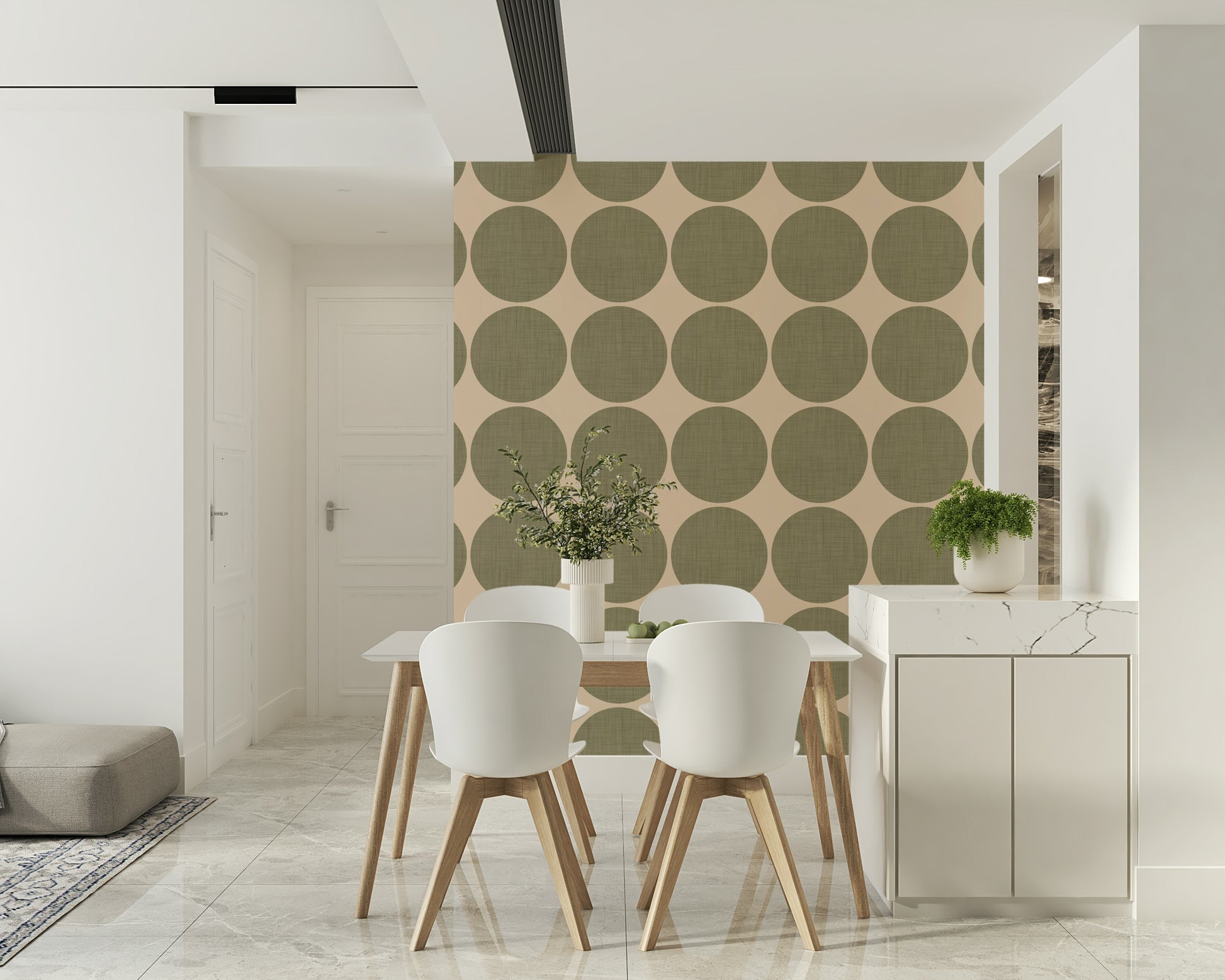 Light neutral wallpaper with oversized olive round shapes arranged in rows and columns