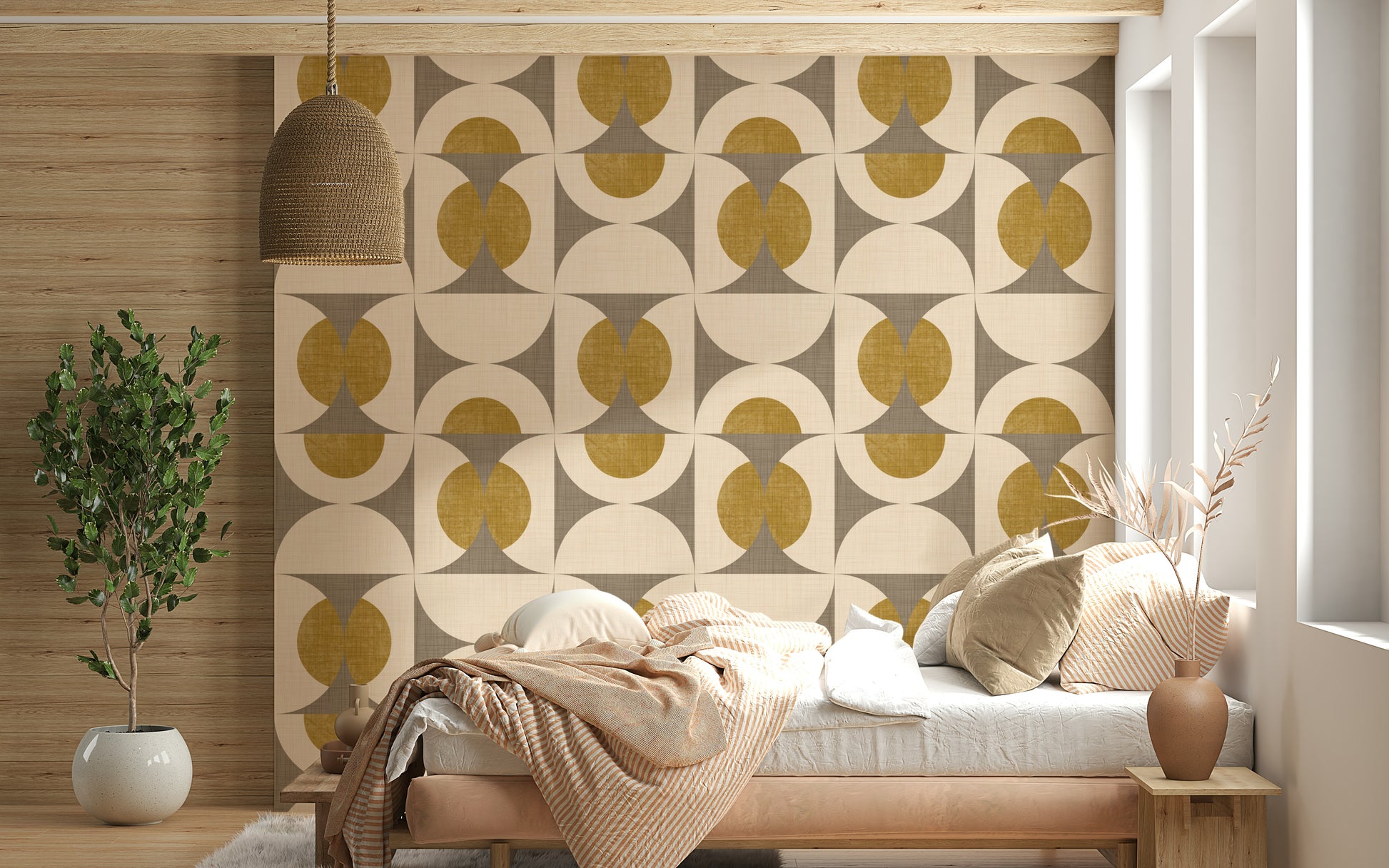 Decorative wallpaper featuring interlocking arcs and mustard yellow circles in a retro palette