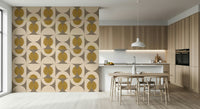 Retro-inspired wallpaper with overlapping arcs and circular motifs in mustard, gray, and cream