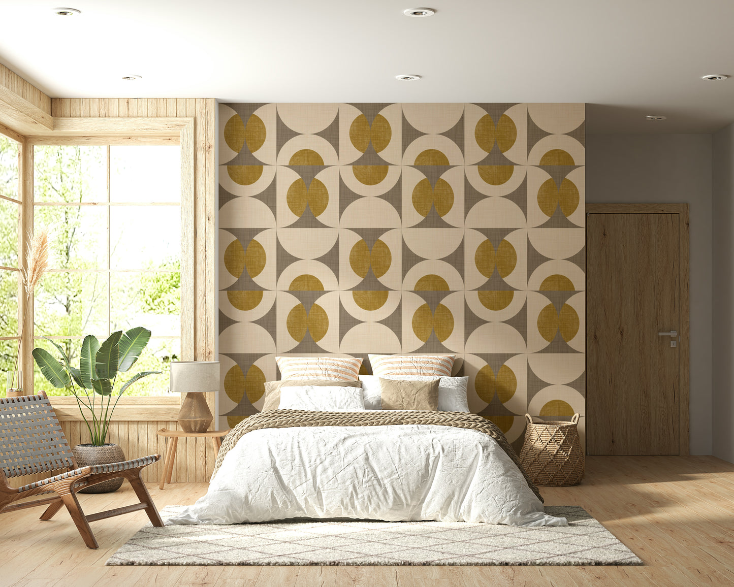 Modern retro wallpaper with symmetrical arcs and circle shapes arranged in a grid layout