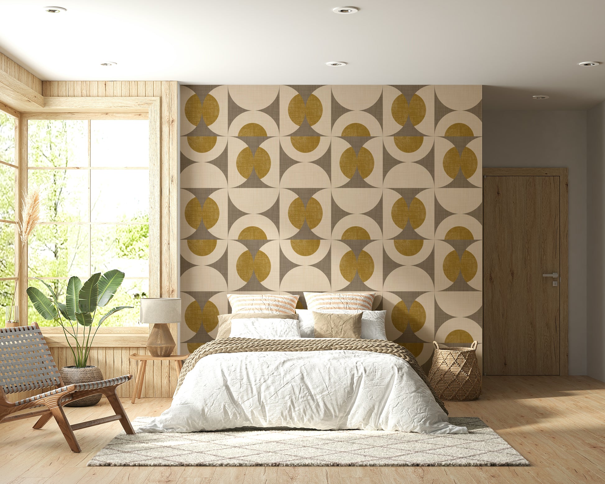 Modern retro wallpaper with symmetrical arcs and circle shapes arranged in a grid layout