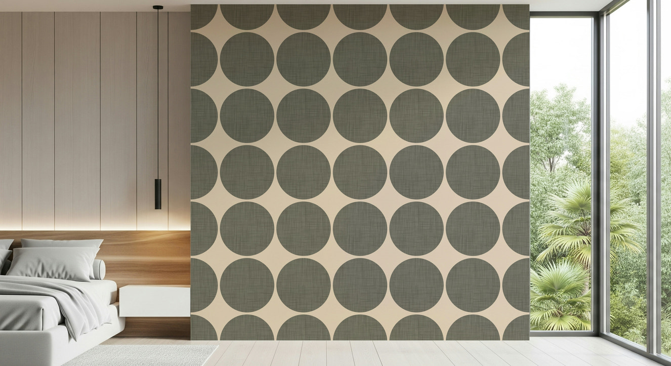 Textured dots wallpaper featuring large muted green circles arranged in a uniform grid on a cream background