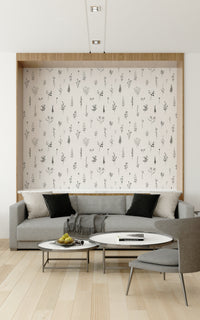 Artistic floral sketch pattern with small wildflower motifs dispersed over a pale neutral base