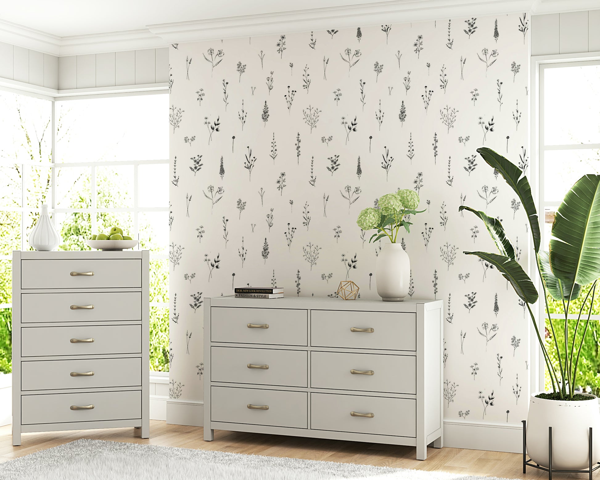 Off-white wallpaper with fine wildflower illustrations in a detailed, hand-drawn style