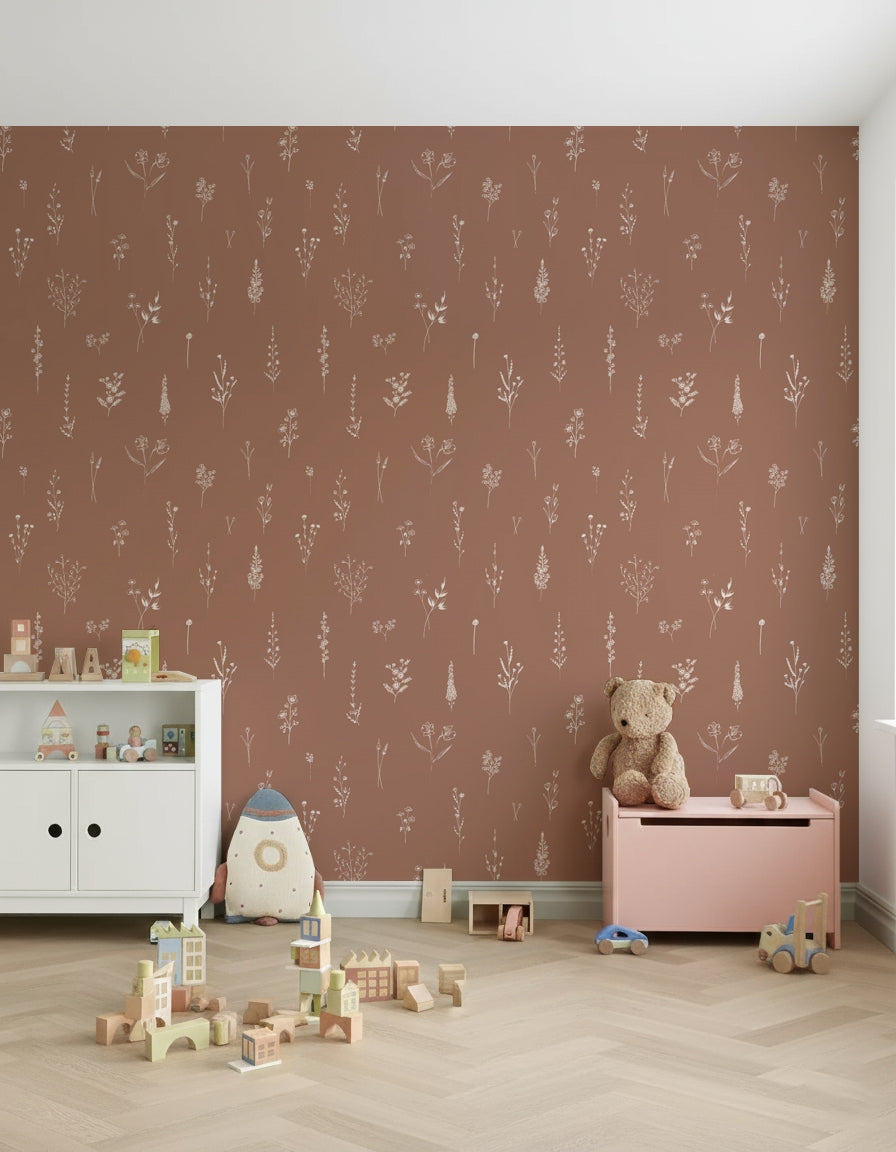 Earthy floral sketch wallpaper highlighting fine hand-drawn wildflowers on a smooth brown background