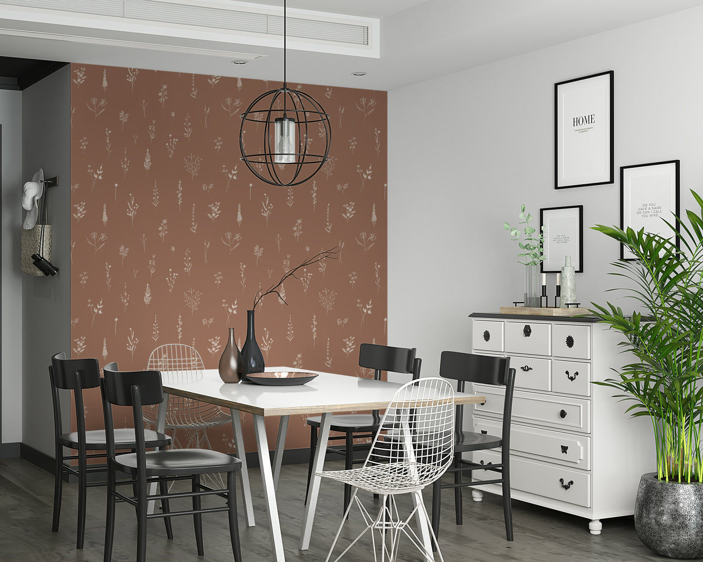 Artistic wallpaper featuring minimalist line-art blooms and stems in cream against terracotta