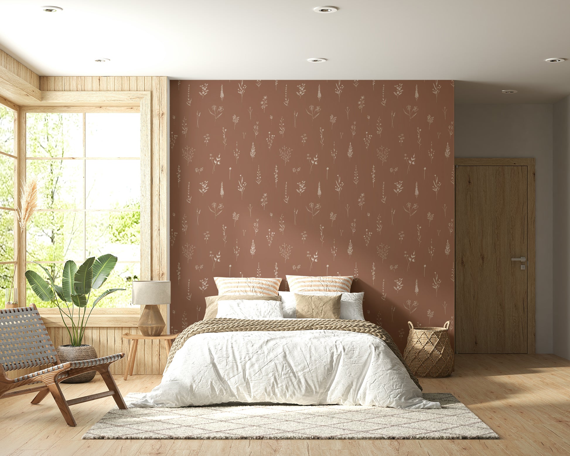 Warm earthy wallpaper showcasing dainty sketched flowers arranged in a loose, airy layout