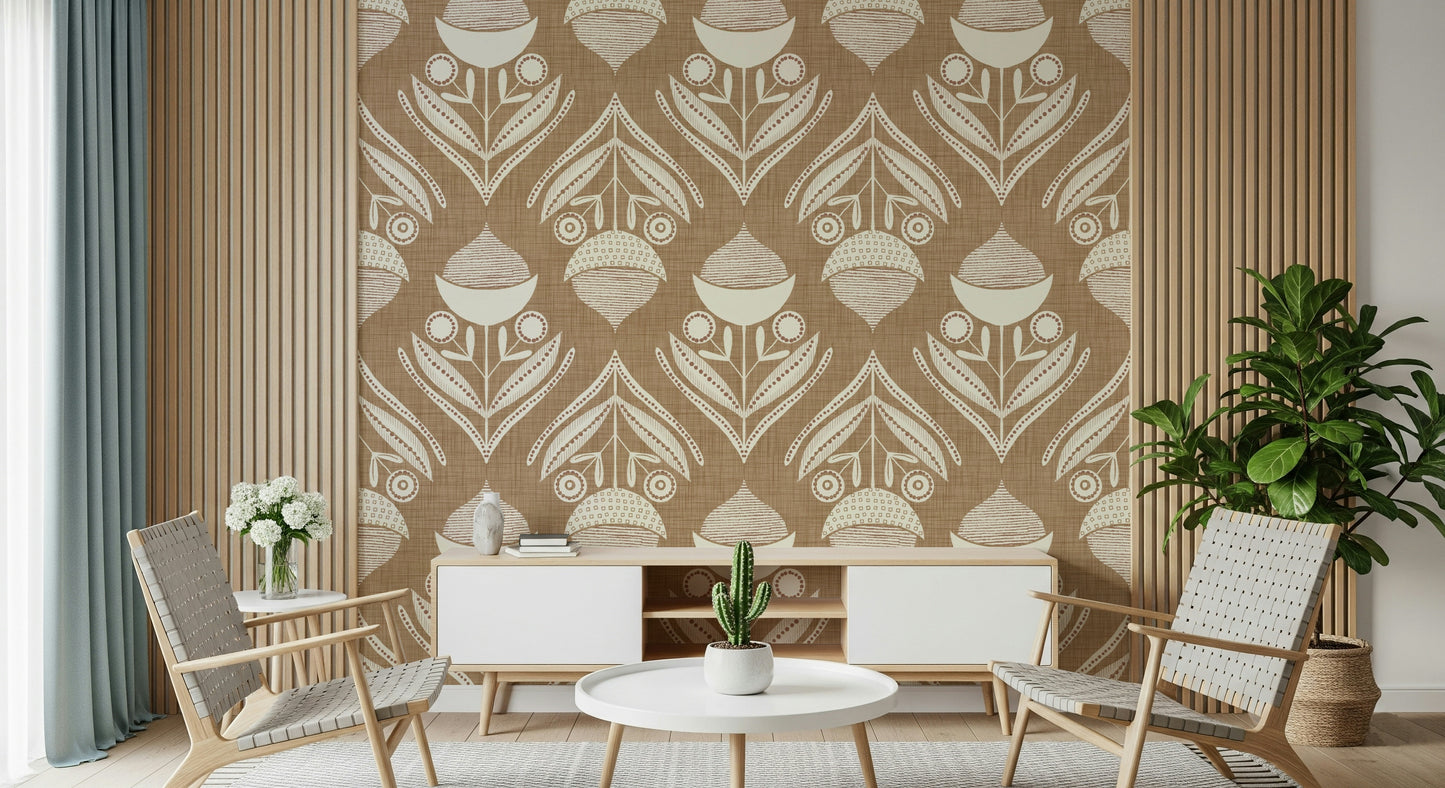 Warm brown wallpaper with decorative cream blooms and geometric botanical accents