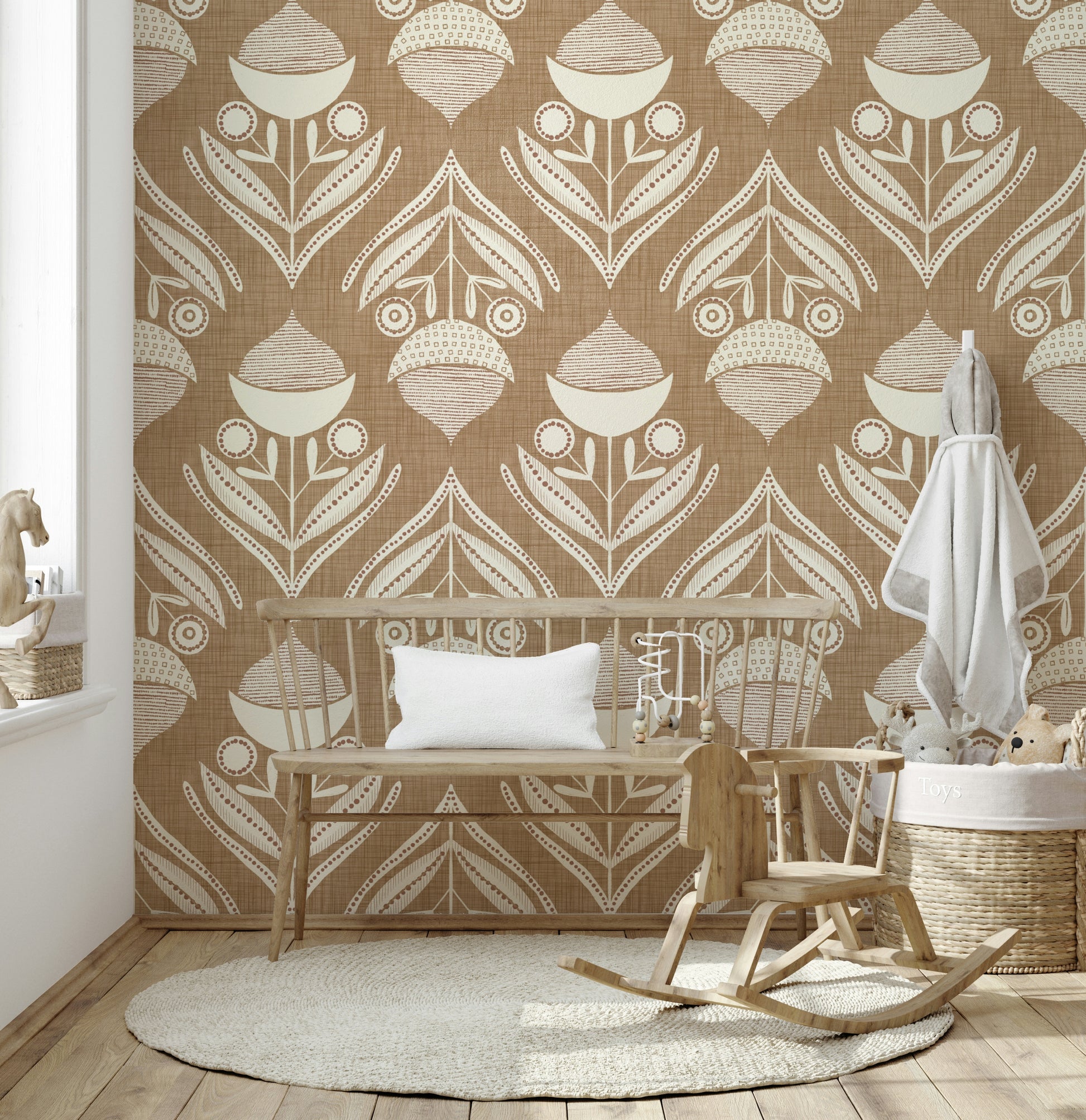 Rustic-inspired wallpaper showcasing cream flowers and leaf shapes arranged in a symmetrical layout